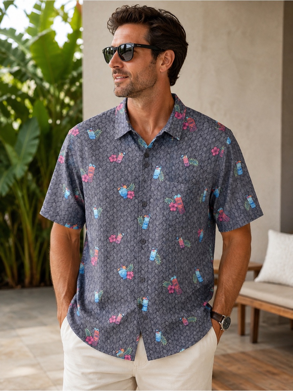 Tommy Bahama Gray Short-Sleeve Button-Down with Blue and Pink Tropical Accents